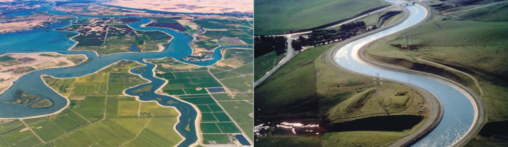 Aerial views of California waterways, showing winding channels through the Sacramento-San Joaquin Delta and a section of the California Aqueduct.