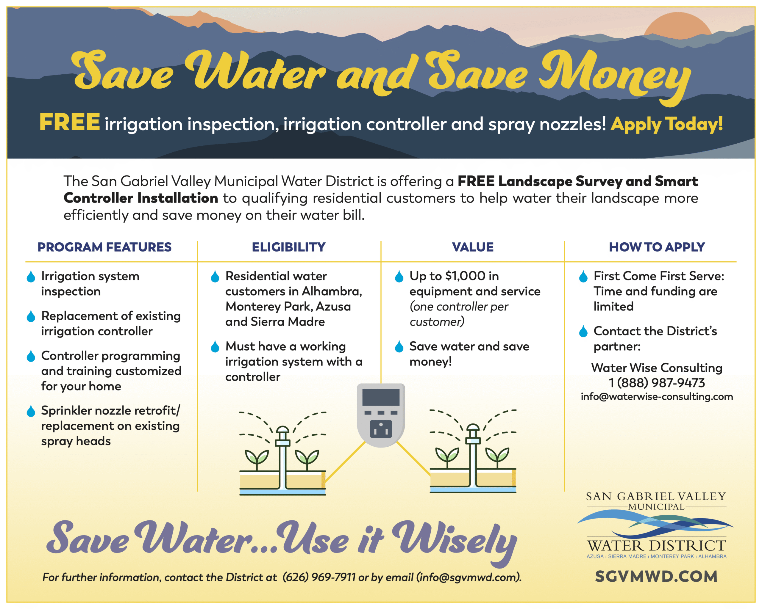 Save Water and Save Money graphic for the Irrigation Controller Retrofit Program. Program details are provided on this page.
