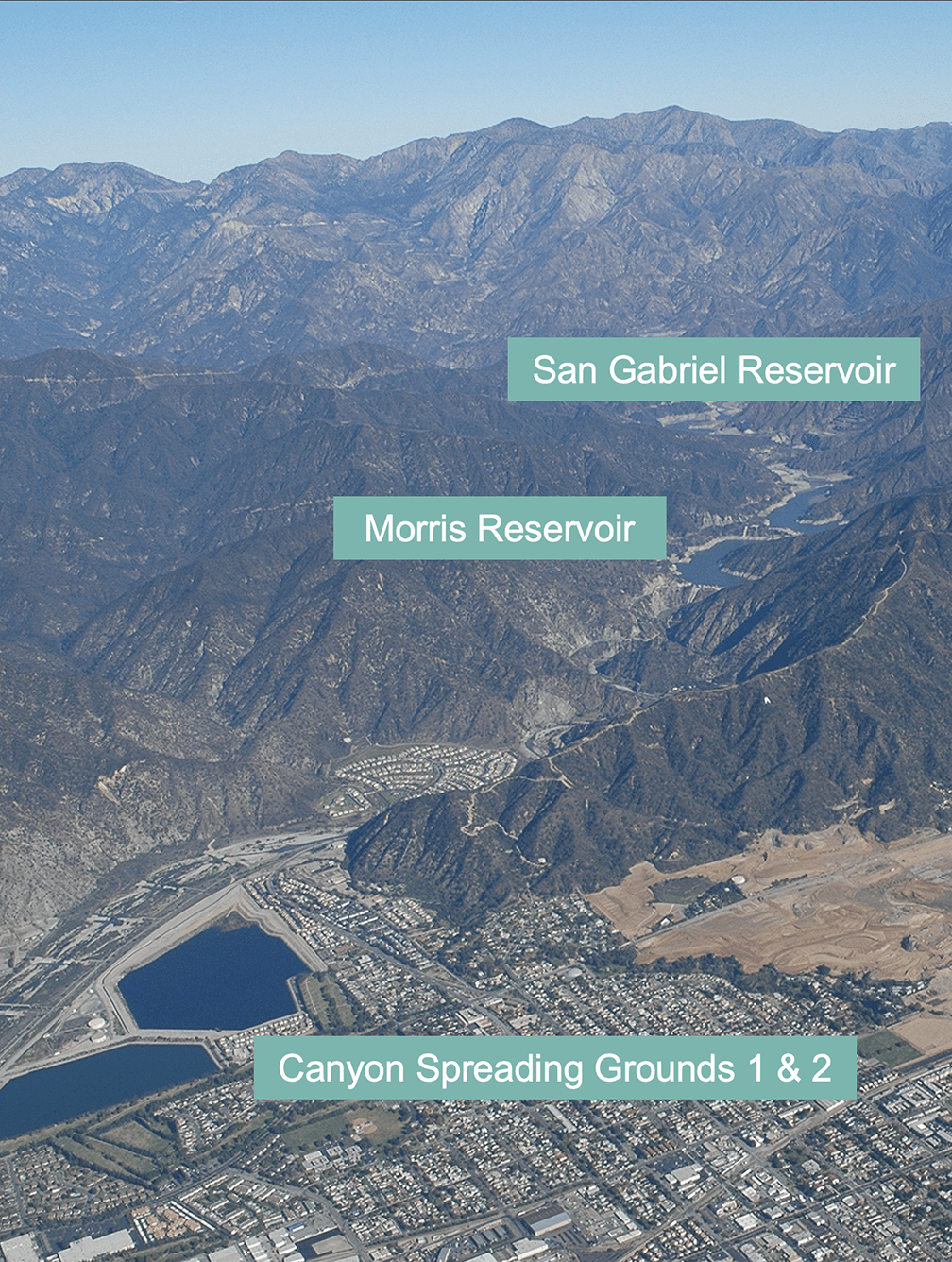 Drone shot of Canyon SPreading Grounds 1 and 2 and Morris Reservoir and San Gabriel Reservoir