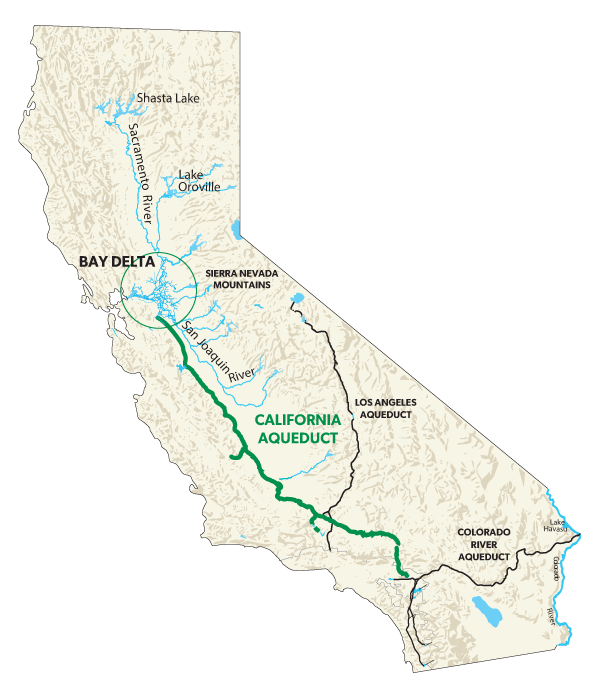 Map of California showing the State Water Project, including the California Aqueduct, Sacramento and San Joaquin rivers, Bay-Delta and major connecting aqueducts and reservoirs.