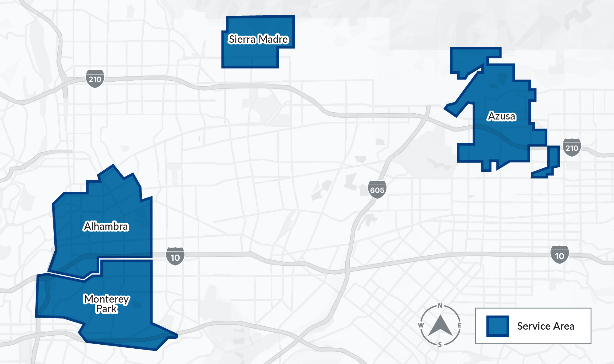 Map showing SGVMWD service areas in Alhambra, Monterey Park, Sierra Madre and Azusa.