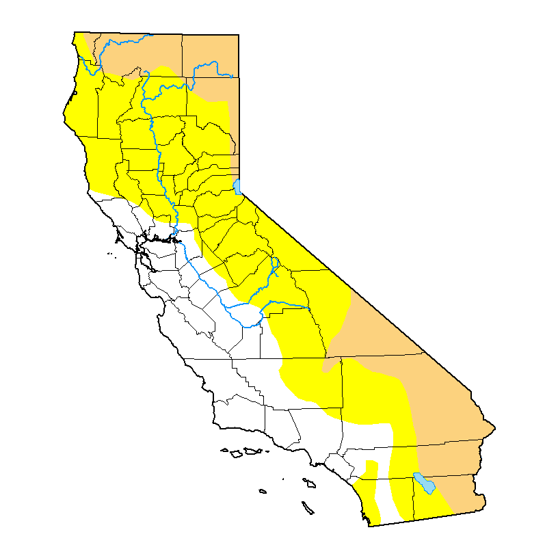 U.S. Drought Monitor map of California. Drought categories and percentages are listed below the map.